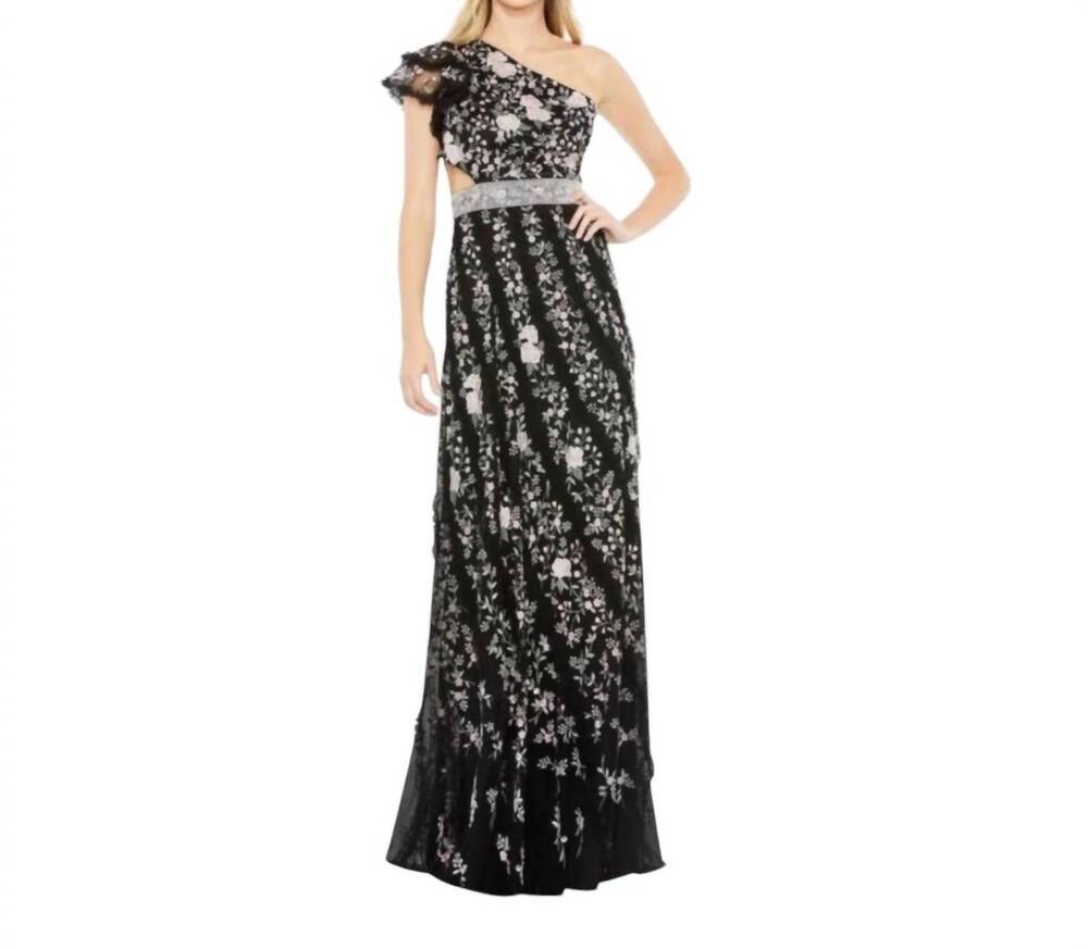NEW MAC DUGGAL women's embroidered ruffled one shoulder lace up gown in black